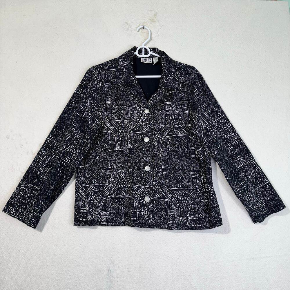 Chico’s Black Denim Stretch Jean Jacket White Geometric Kaleidoscope Print Large